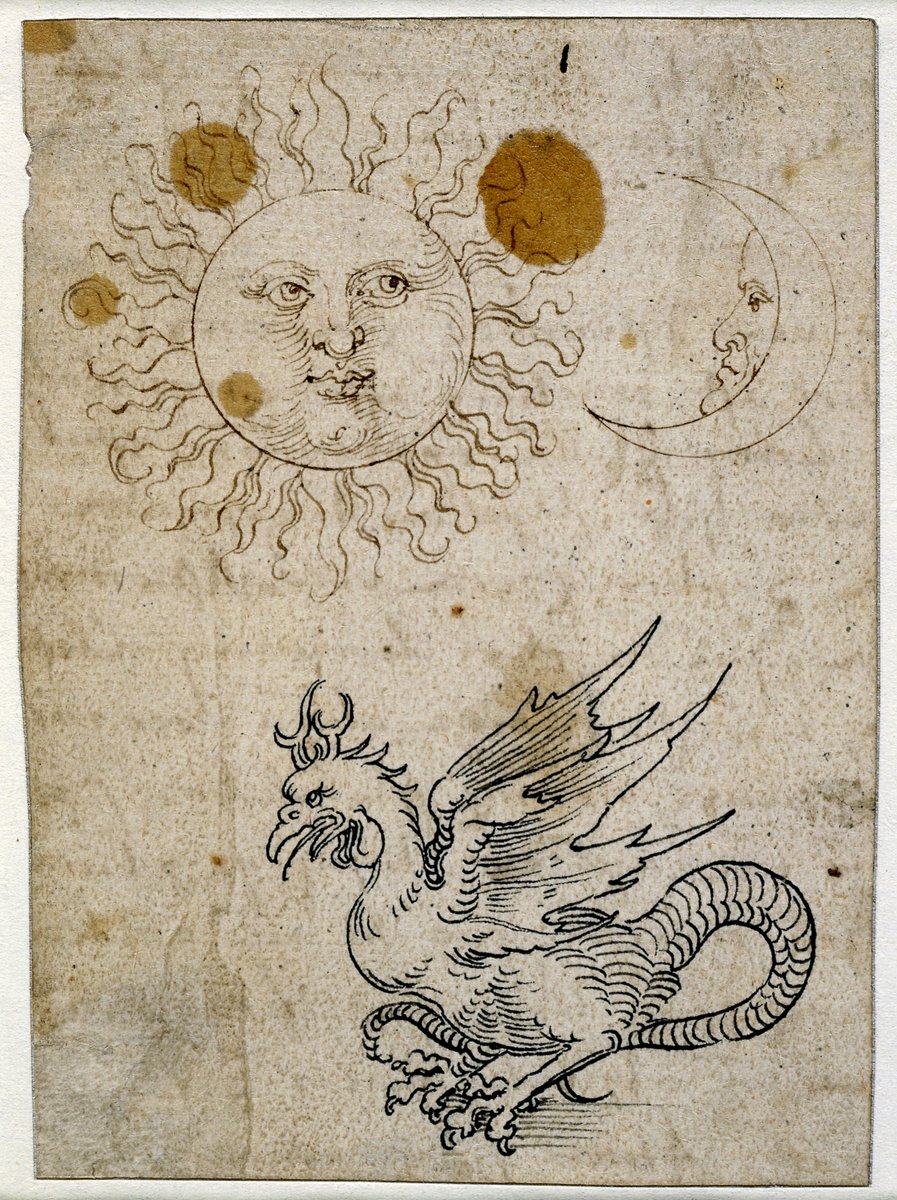 archaeologyart's tweet image. Study of a Basilisk, the Sun, and the Moon, pen and ink drawing by Albrecht Dürer, c. 1507-1519.