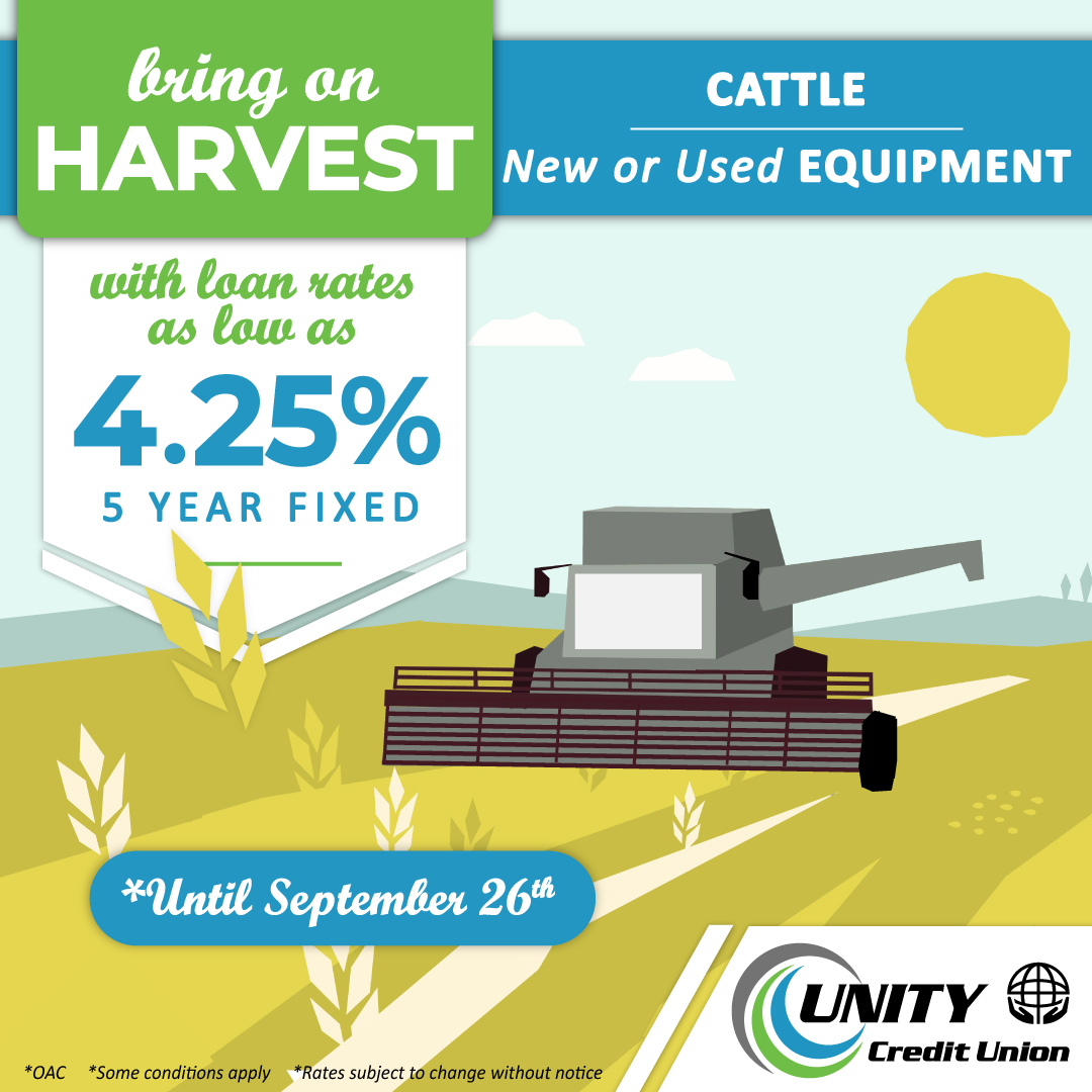 Make sure your farm is HARVEST-ready!  

We are currently offering 5-year fixed agriculture loan rates as low as 4.25% (OAC) - only available for a limited time.

Give us a call at 306.228.2688 to discuss your options with your Ag Account Manager.