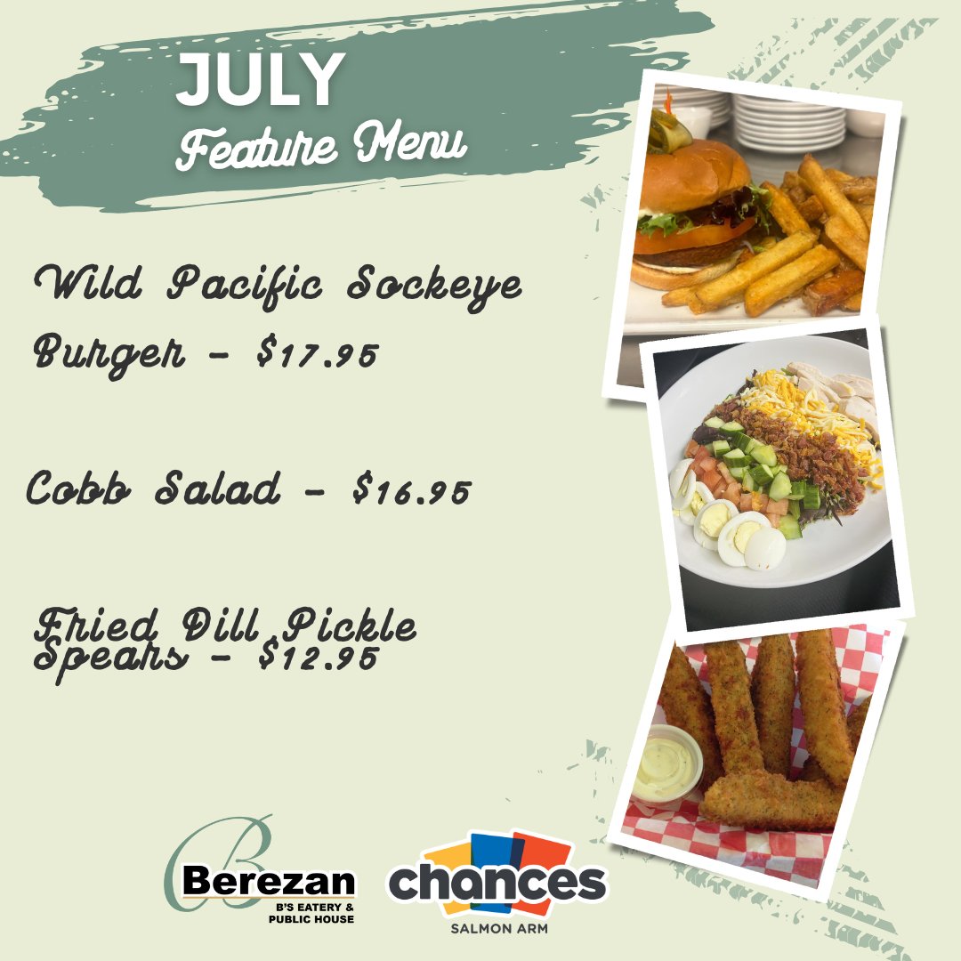 SA_Chances's tweet photo. Savour the flavours of summer with our July menu specials! Dive into our Wild Pacific Sockeye Burger for $17.95, enjoy the fresh and hearty Cobb Salad for $16.95, or indulge in our crispy Fried Dill Pickle Spears for $12.95. 🌞🍔🥗🥒 #ChancesSalmonArm #SummerEats #DeliciousDining https://t.co/XgzPe9ILmg