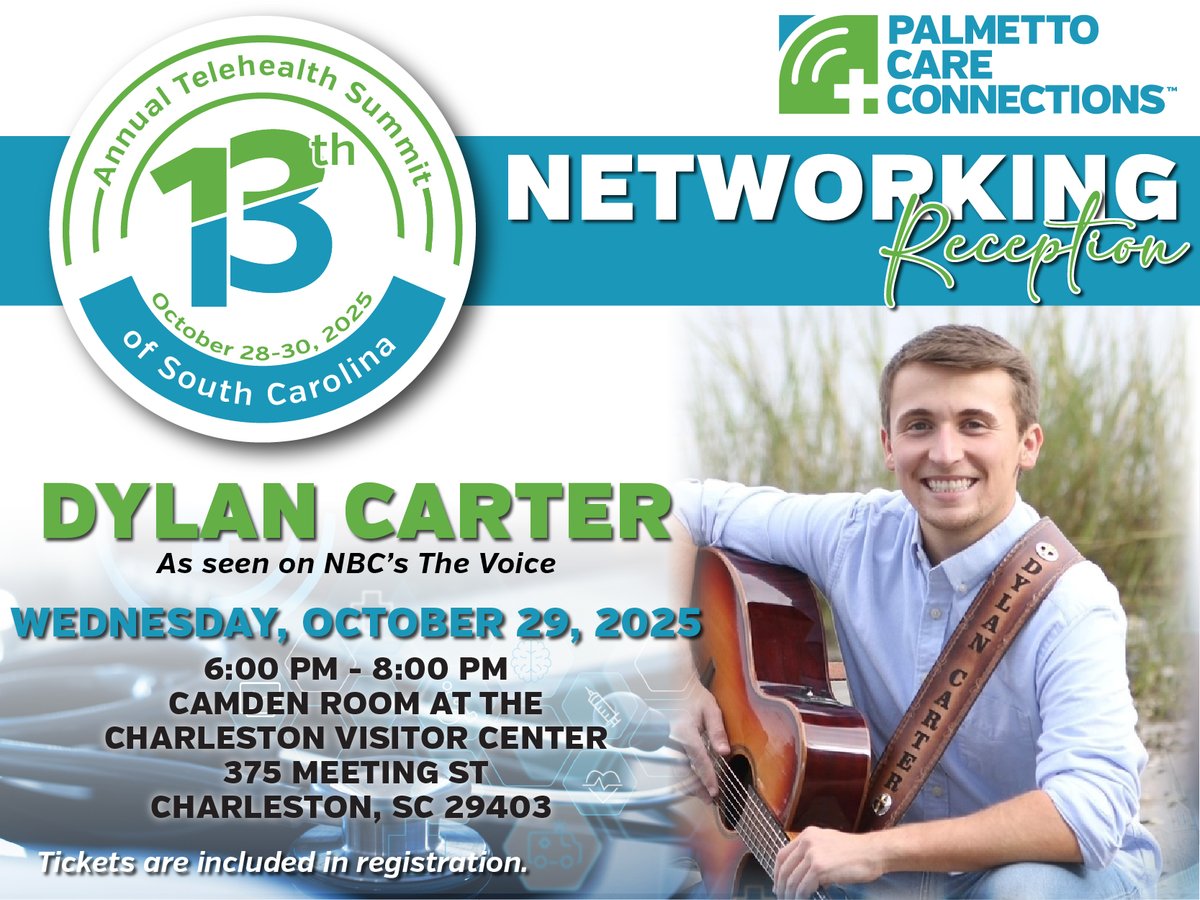 🎤 Lowcountry talent meets telehealth innovation!
Join us Oct. 29 from 6–8 PM for the Telehealth Summit Networking Reception.
🌟 Live music from The Voice standout Dylan Carter (Team Reba!)
🎟️ Included with registration — opening soon!
#TelehealthSummitSC #NetworkingWithPurpose