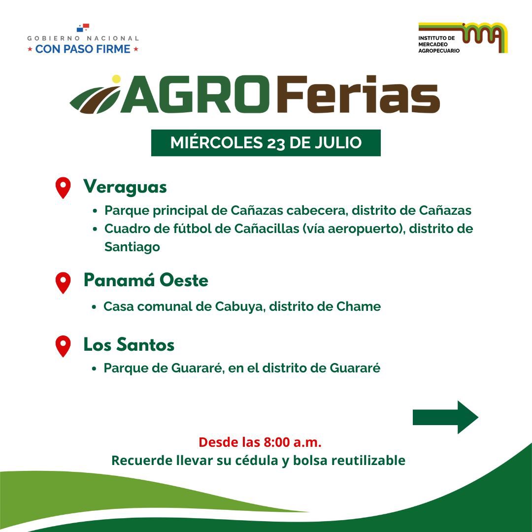 IMA_Pma's tweet image. Aquí están las agroferias del IMA programadas para el miércoles 23 de julio.
📍Verifica la sede de cada feria
⏰Todas inician desde las 8:00 a.m.
♻️Recuerda llevar bolsa reutilizable y la cédula.
Apoya lo local, nuestra feria, nuestro orgullo.
#ConPasoFirme