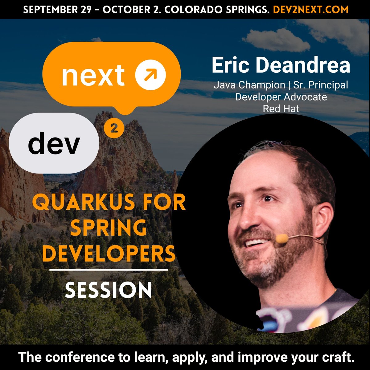 dev2next's tweet image. Familiar with Spring? See what it’s like in Quarkus. From DI to testing, this live-coding session with @edeandrea compares the frameworks in action at dev2next this September! 🍃
dev2next.com/speaker/f2eff2…
🎟️ Tickets at dev2next.com
🙌 Code JOIN-ERICD-50OFF = discount!