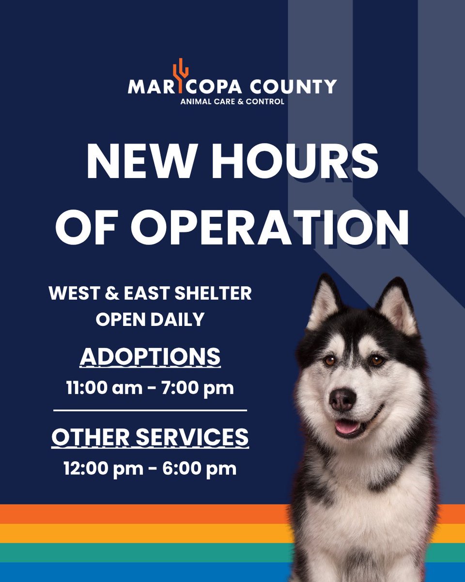 NEW EXTENDED HOURS 🐾 We are officially open from 11 am - 7 pm for adoption services every day of the week! Intakes and other services will be available 12 pm - 6 pm daily. 

To learn more about adopting, visit Maricopa.gov/Pets.