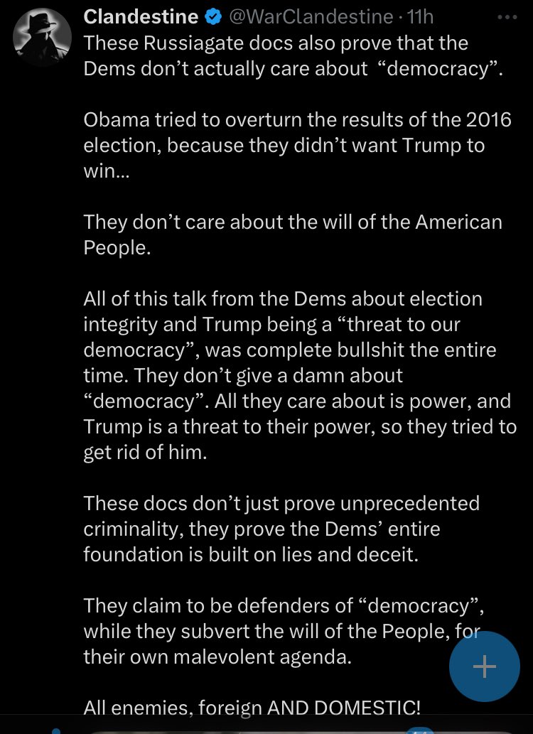 PokerPolitics's tweet image. Nobody tried to overturn the results of the 2016 election. This is pure gaslighting. This is just a guy spinning his wheels as he gets all excited over the idea that maybe we’re getting to the part where the liberals get shipped to GITMO.