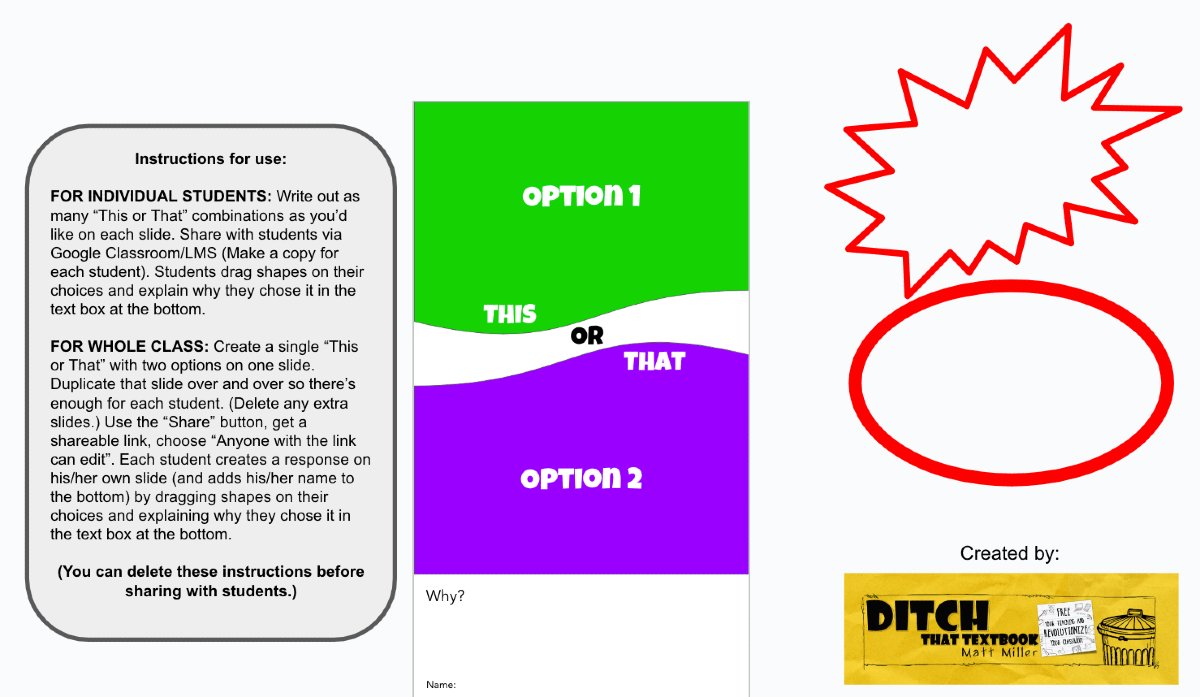 DitchThatTxtbk's tweet image. Have students choose between two -- and make it feel like Snapchat! 📱
Use this FREE This or That Snapchat-inspired template. Ask a ? and explain in the "Why?" section.
Get it: f.mtr.cool/uwsfdsebvl #ditchbook