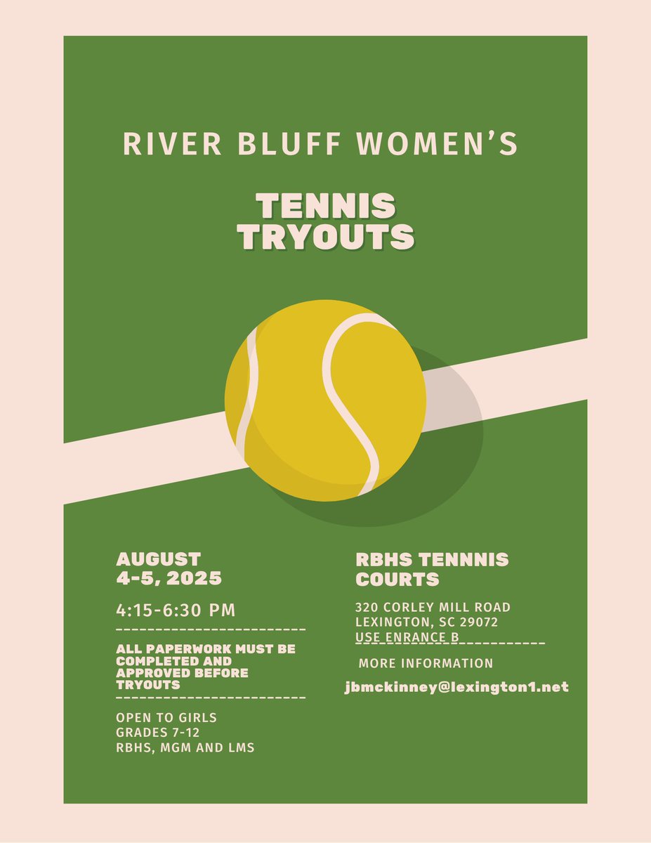 River Bluff Tennis (@rbhstennis) on Twitter photo Interested in trying out for the RBHS Womenβs Tennis Team this Fall, details in the flyer. <a href="/RBHSGators/">River Bluff High Sch</a> Interested in trying out for the RBHS Womenβs Tennis Team this Fall, details in the flyer. <a href="/RBHSGators/">River Bluff High Sch</a>