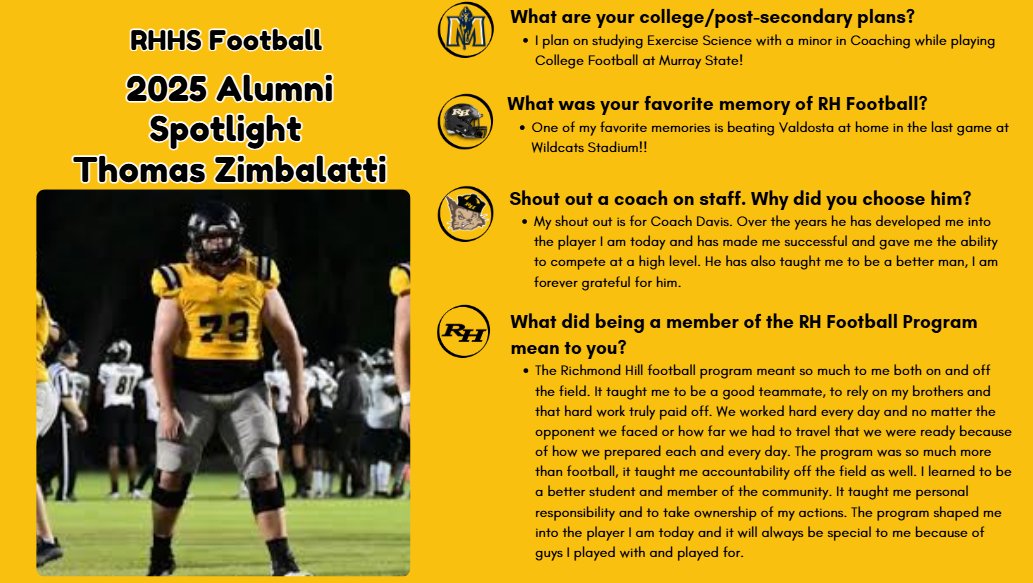 Richmond Hill FB (@rhhsfootball) on Twitter photo Alumni Spotlight: Thomas Zimbalatti <a href="/ThomasZimbalat1/">Thomas Zimbalatti</a>
A force in the trenches at RHHS, now taking his talents to Murray State! He embodied toughness, leadership, and grit on the OL and now repping the Wildcat legacy at the next level. We are Proud of you Zimbo!
#BTH #HillBuilt Alumni Spotlight: Thomas Zimbalatti <a href="/ThomasZimbalat1/">Thomas Zimbalatti</a>
A force in the trenches at RHHS, now taking his talents to Murray State! He embodied toughness, leadership, and grit on the OL and now repping the Wildcat legacy at the next level. We are Proud of you Zimbo!
#BTH #HillBuilt