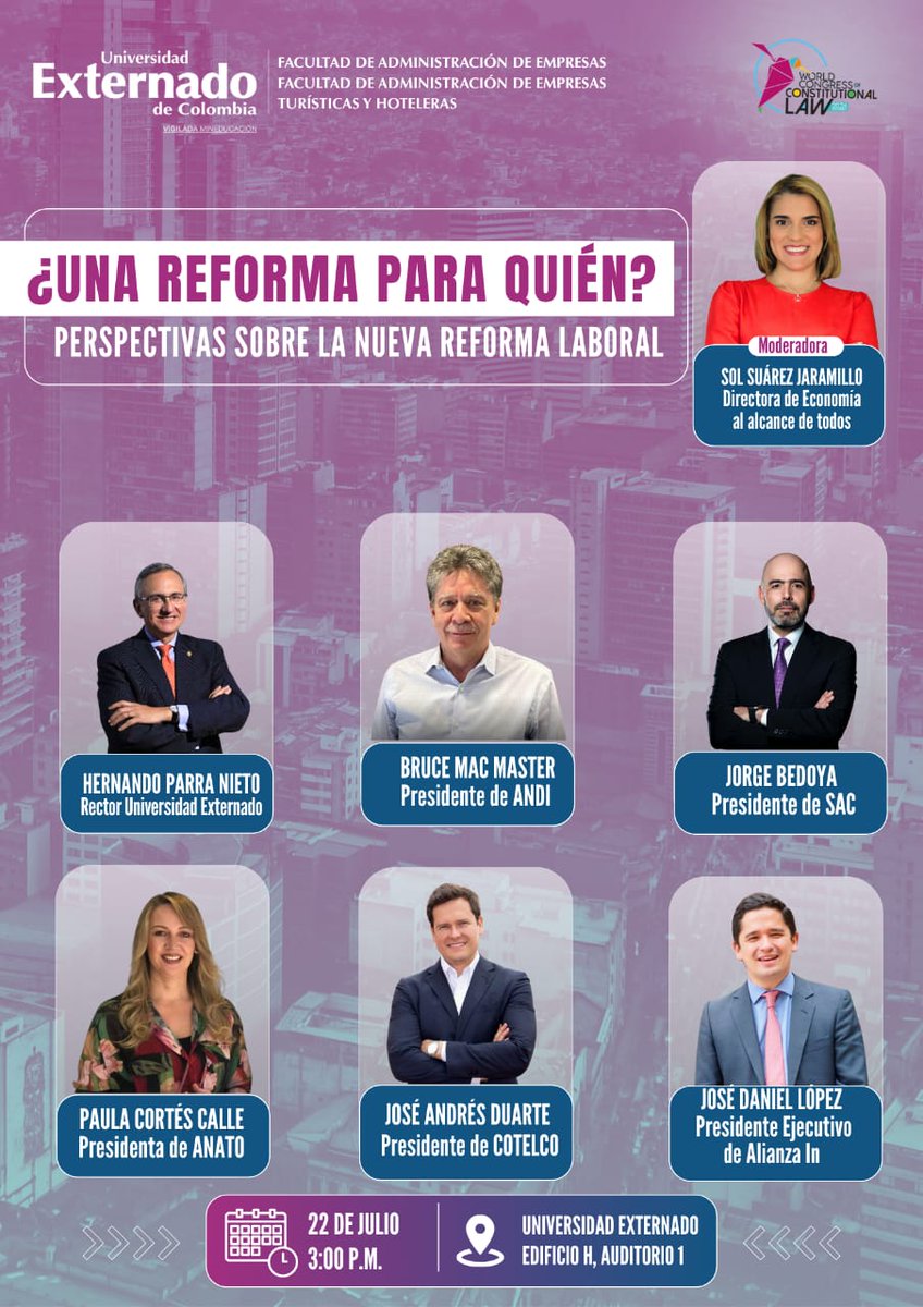 📢 ¡Es este martes 22 de julio! En <a href="/UExternado/">U.Externado</a> realizaremos el foro ¿Una reforma para quién? Perspectivas sobre la nueva reforma laboral. 

Líderes gremiales y empresariales se reúnen para analizar la nueva reforma. Modera Sol Suárez Jaramillo. 📊 ¡Haz parte de este gran debate!