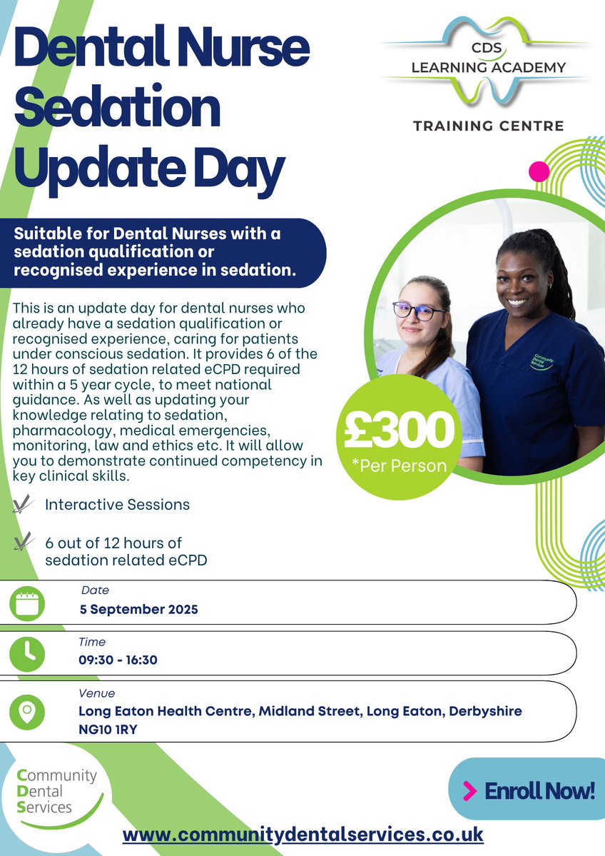 CDS_CIC's tweet image. Join us at Long Eaton Health Centre, Derbyshire, for an insightful Dental Nurse Sedation Update Day. This course is suitable for dental nurses who already have a sedation qualification or recognised experience, caring for patients under conscious sedation. It provides 6 of the 12…