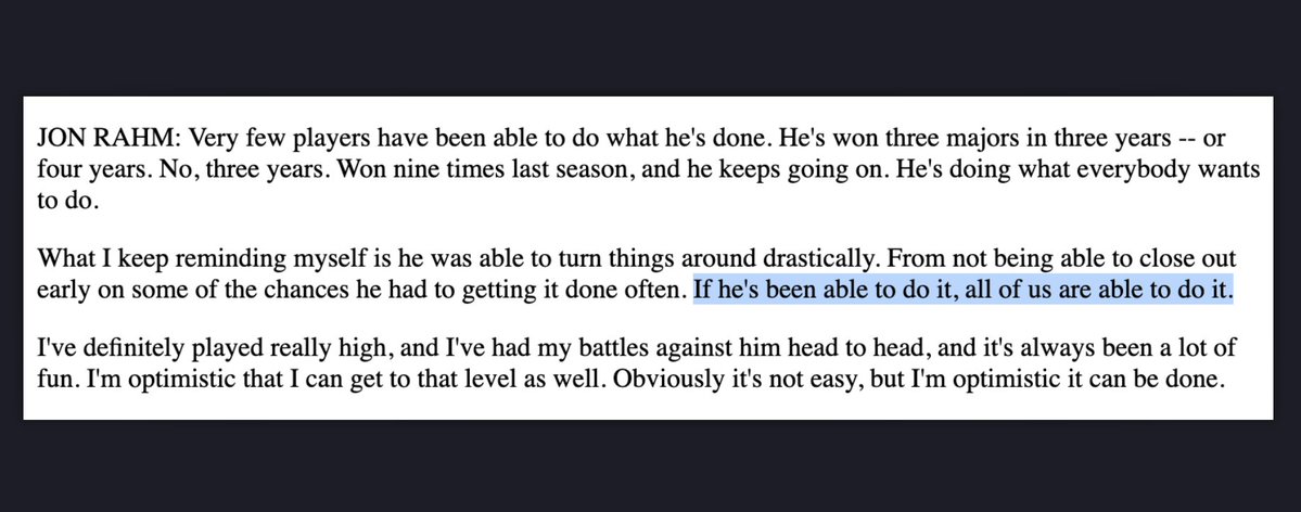 itismarkharris's tweet image. You can't knock Jon Rahm for being optimistic, but I'd like to go on record with the opinion that no, not "all of us" are able to flip the switch, keep that switch on, and do what Scottie Scheffler is doing at the moment.