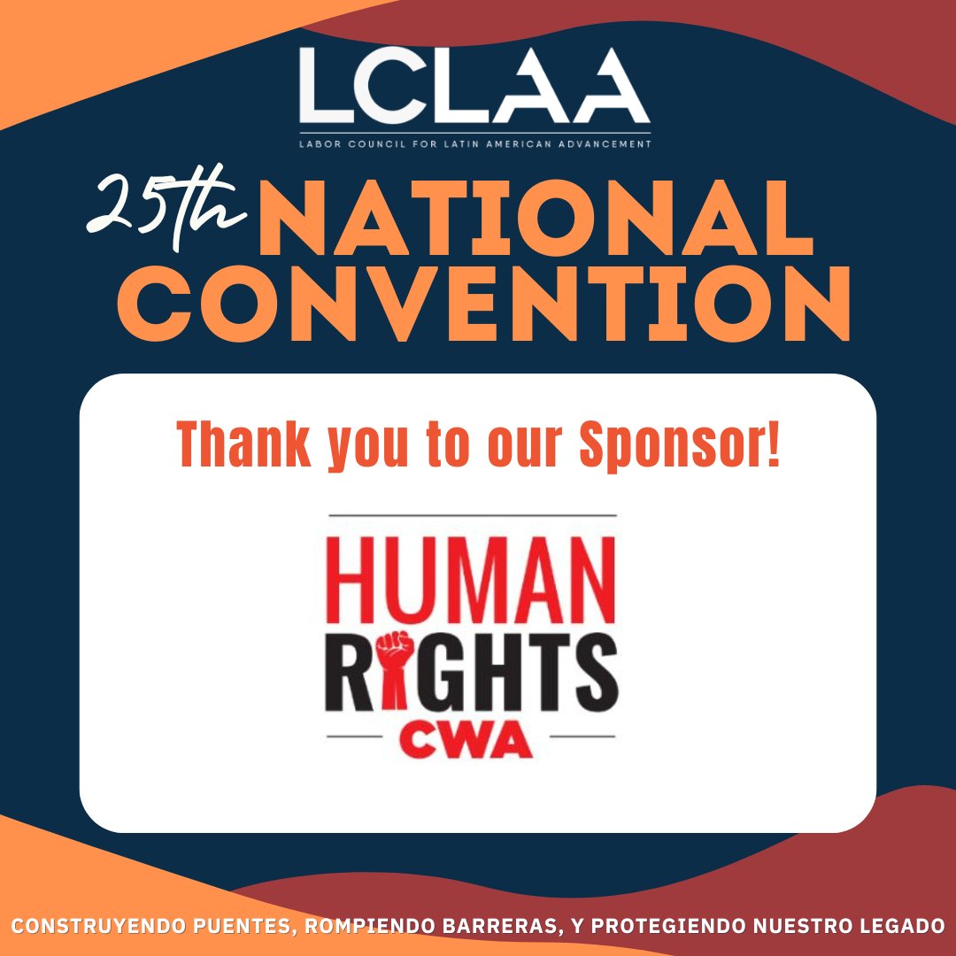LCLAA's tweet image. 📝 We want to take a moment to thank the Communications Workers of America Union for sponsoring this unforgettable event for our community! @CWAUnion
✊🏽Let's stand together to fight for all workers!
#LCLAA25 #Atlanta2025 #BuildingBridges
#RompiendoBarreras #ProtectingOurLegacy