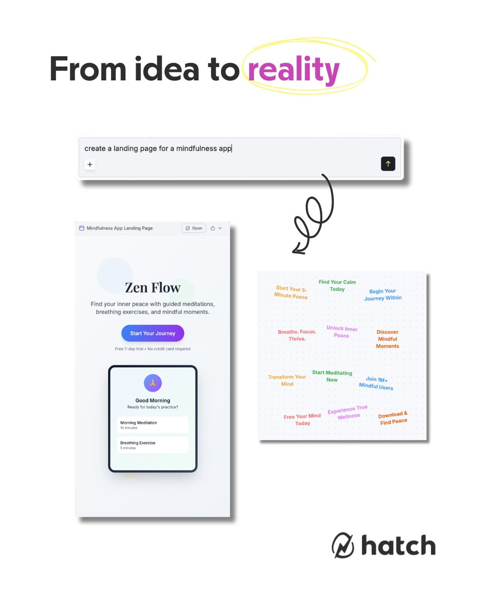 It doesn’t have to live in your head anymore.

Hatch's AI-powered canvas takes your half-baked idea and turns it into a launchable wireframe, value prop list, and layout. All on one shareable canvas.

Just type. Just build. 💻

Sign in free. No install needed.