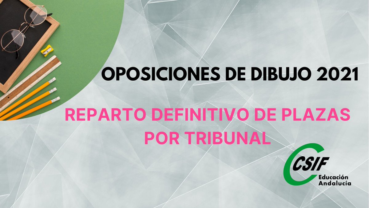 👩🏻‍🏫 OPOSICIONES DIBUJO 2021 - REPARTO DEFINITIVO DE PLAZAS POR TRIBUNAL

ℹ️ℹ️ Consulta de número de plazas por tribunal AQUÍ 👇🏻👇🏻
juntadeandalucia.es/educacion/port…

💚 CSIF Educación Andalucía - #CSIFenOpos