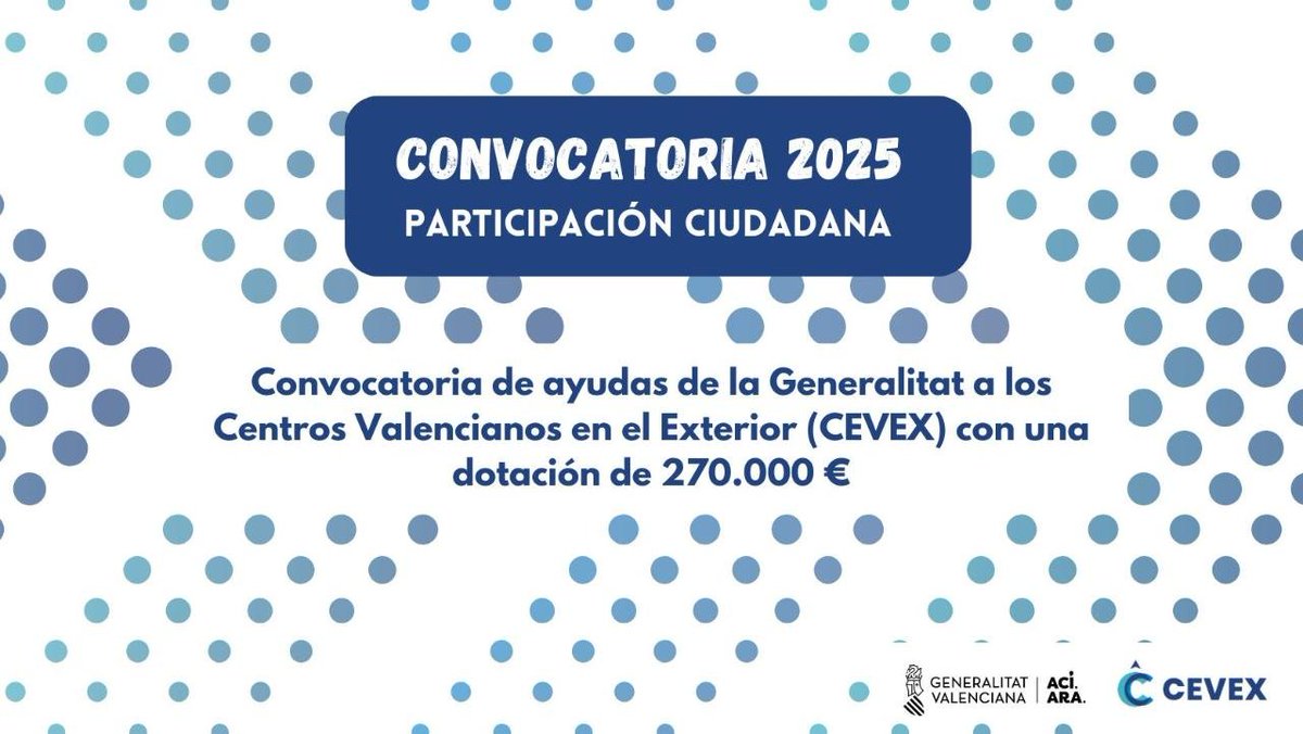 FIEC1's tweet image. La Generalitat Valenciana obre la convocatòria d'ajudes als Centres Valenciansde l'Exterior (CEVEX) corresponents a 2025, amb una dotació de 269.946 euros. Termini de presentació del 17/7 al 13/8.
Veure: gva.es/va/inicio/proc…