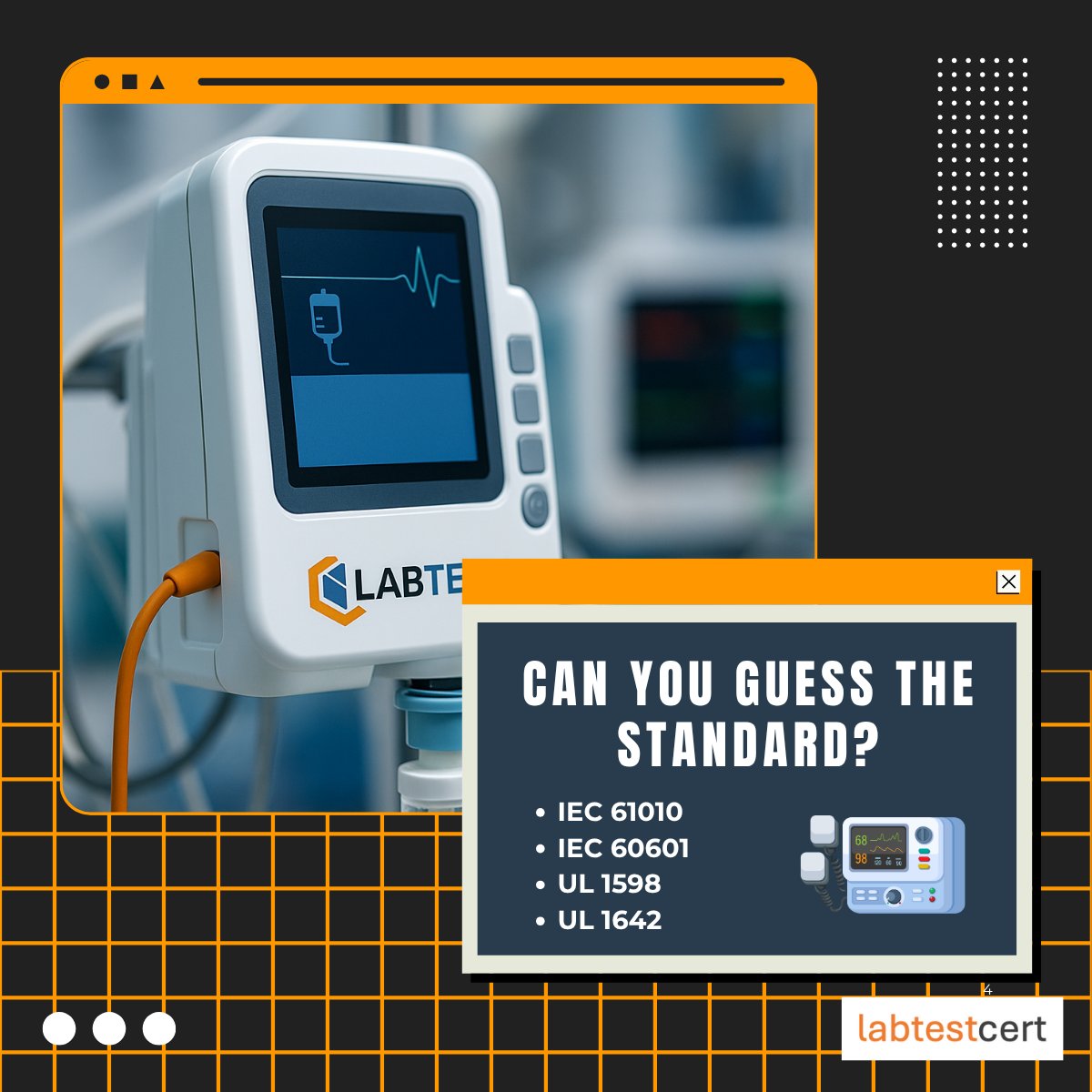 LabTestCert's tweet image. Your medical device is plugged in. Patients are relying on it.
Do you know what standard makes sure everything works smoothly?

Follow us for more testing trivia.

#IEC60601 #MedicalDevices #LabTestChallenge #ProductTesting #ComplianceSimplified #HospitalTech