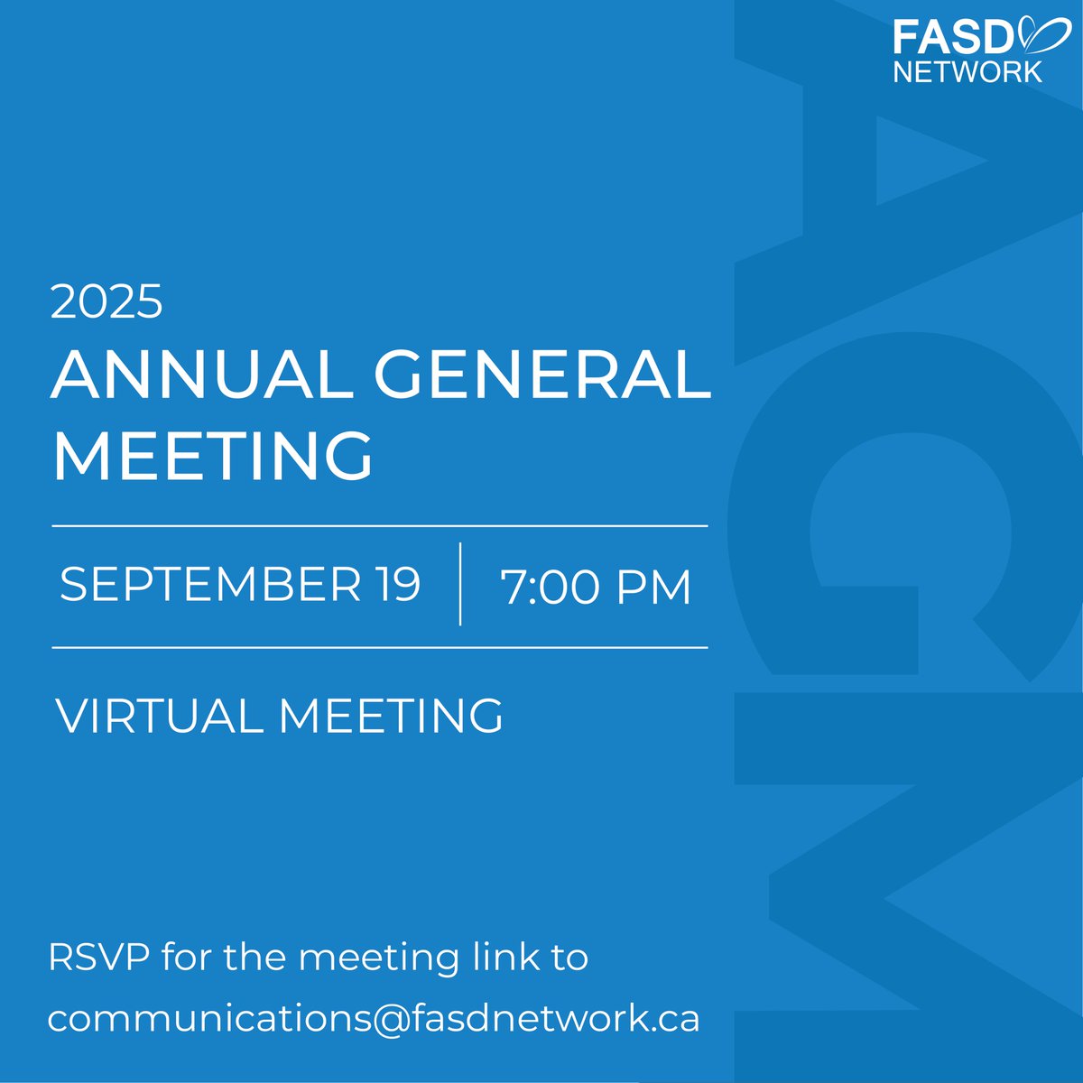 SaskFASDNetwork's tweet image. Join us for our Annual General Meeting. Learn about our impact over the past year, hear from our leadership, and see what’s ahead.

RSVP to communications@fasdnetwork.ca for the meeting link.