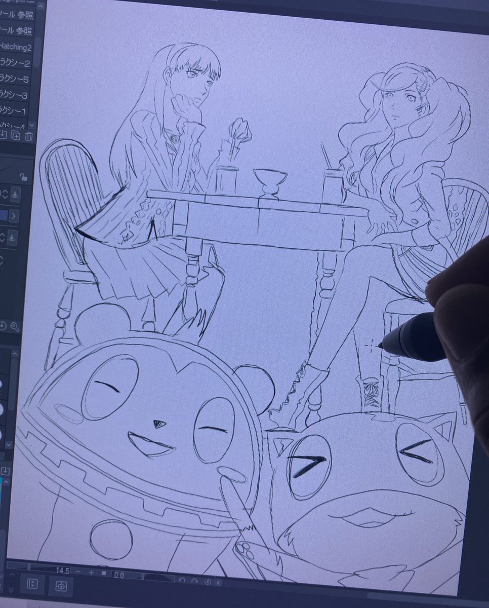 mistajonz's tweet image. ✨A quick, rough and loose Persona 4 X Persona 5 sketch before I clock into this soul sucking job 😂✨