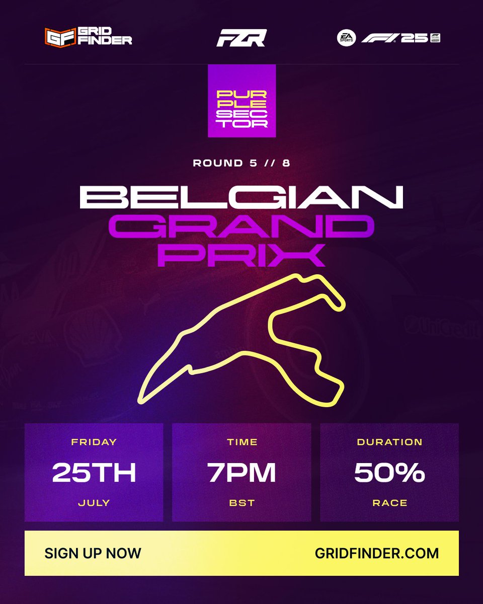 🟣 This week of the Purple Sector brings you to the legendary Spa-Francorchamps! 🇧🇪

After four brilliant rounds, we're bringing the heat with one of the most iconic tracks of them all! 🔥

🔗 Register for the Purple Sector today, and join in the action! You won't want to miss