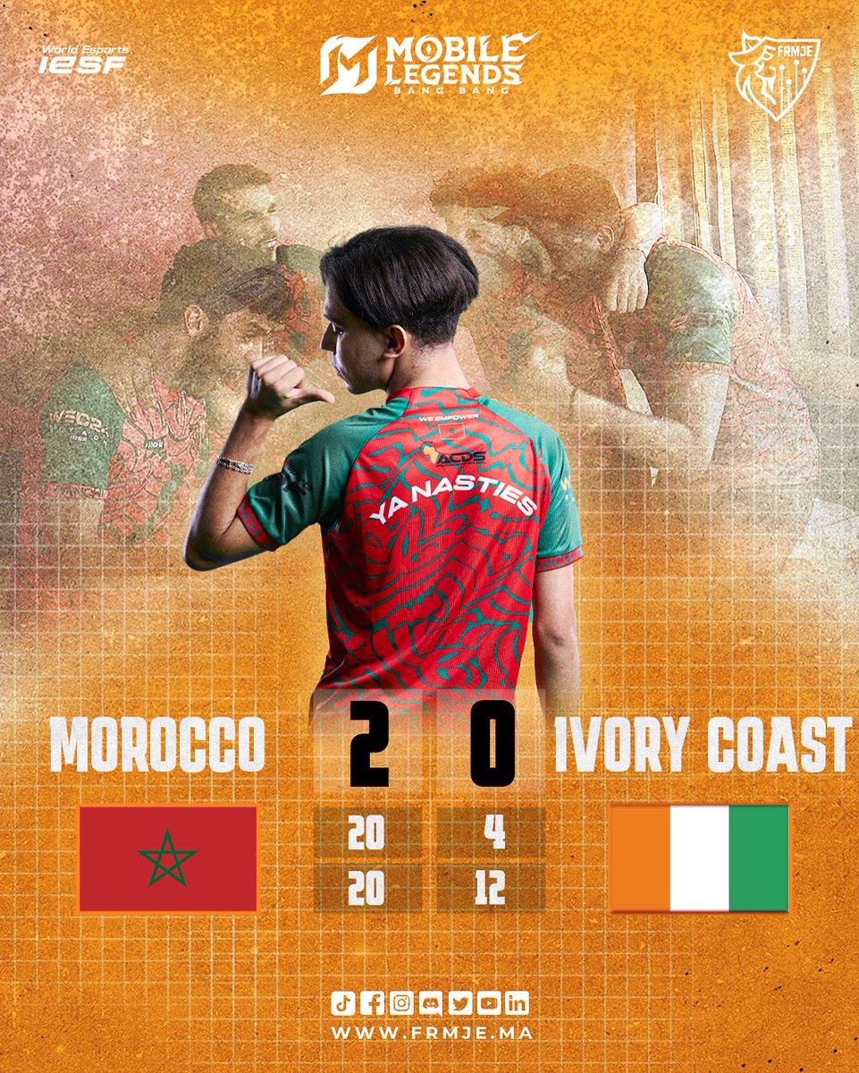 نتيجة مباراة المنتخب الوطني المغربي للعبة MLBB أمام منتخب ساحل العاج باليوم الثاني من البطولة الافريقية للرياضات الالكترونية المؤهلة لبطولة العالم للرياضات الالكترونية WEC25 المنظمة من طرف IESF