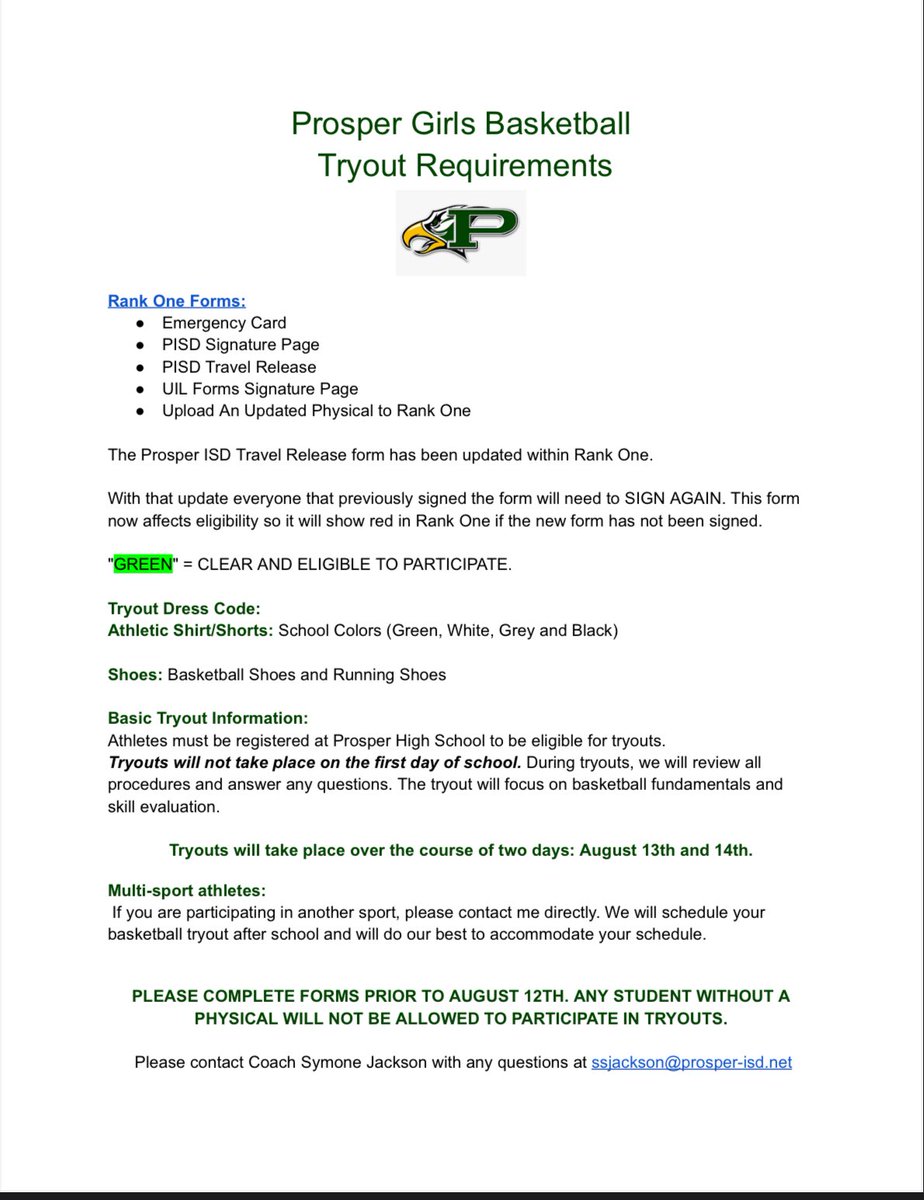📢 We’re just weeks away from the first day of school, which means Prosper Girls Basketball Tryouts are right around the corner. 🏀

☑️ Please make sure all RankOne forms are completed in order to participate.