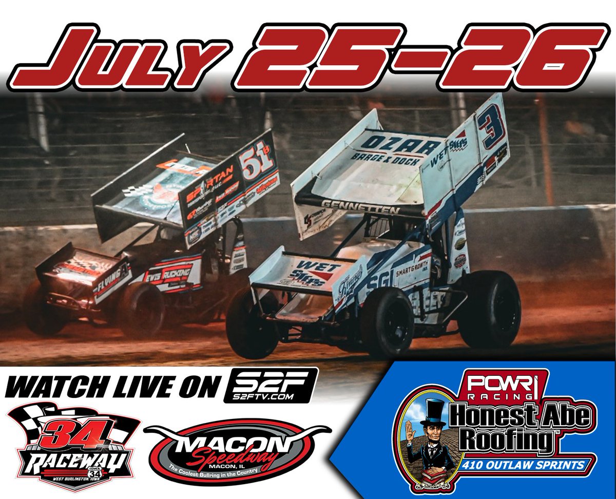 All Eyes on This Weekend...

The POWRi Honest Abe Roofing 410 Outlaw Sprints return to 34 Raceway this Friday after a thrilling debut earlier this year, followed by a Saturday night showdown at the high-banked bullring of Macon Speedway.

Event info: powri.com/news/?i=176591