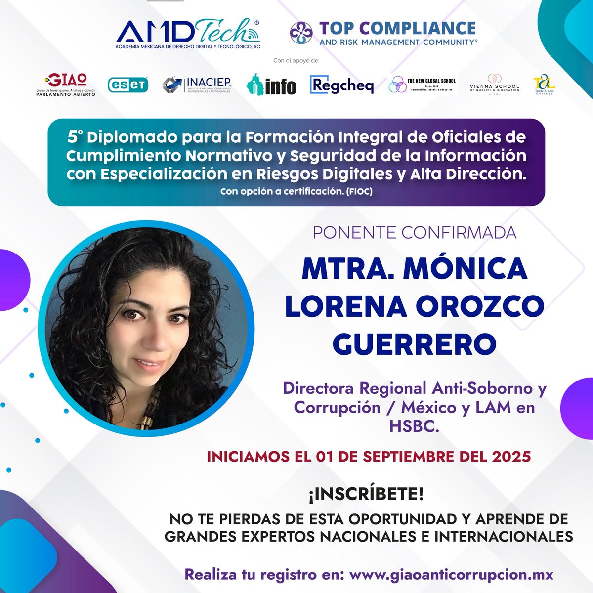 🎓 Impulsa tu perfil con el 5.º Diplomado FIOC en Cumplimiento Normativo y Riesgos Digitales.
✔️ Con opción a certificación.
🌟 Ponente: Mtra. Mónica Orozco (HSBC).
🔐 PLD | Compliance | Ciberseguridad.
🚀 Regístrate: giaoanticorrupcion.mx/eventos/#event…