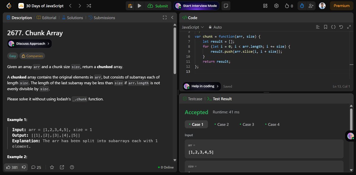 Ayusshs16's tweet image. 🧩 Day 21 of #30DaysOfJavaScript
Solved LeetCode #2677 - Chunk Array 🔥
Passed all 76 test cases!
⏱ Runtime: 46ms (Beats 51.21%)
💾 Memory: 57.75MB (Beats 11.44%)
👨💻 Progress: Stronger logic, cleaner code.
Let’s keep going! 💪
#LeetCode #100DaysOfCode #JavaScript