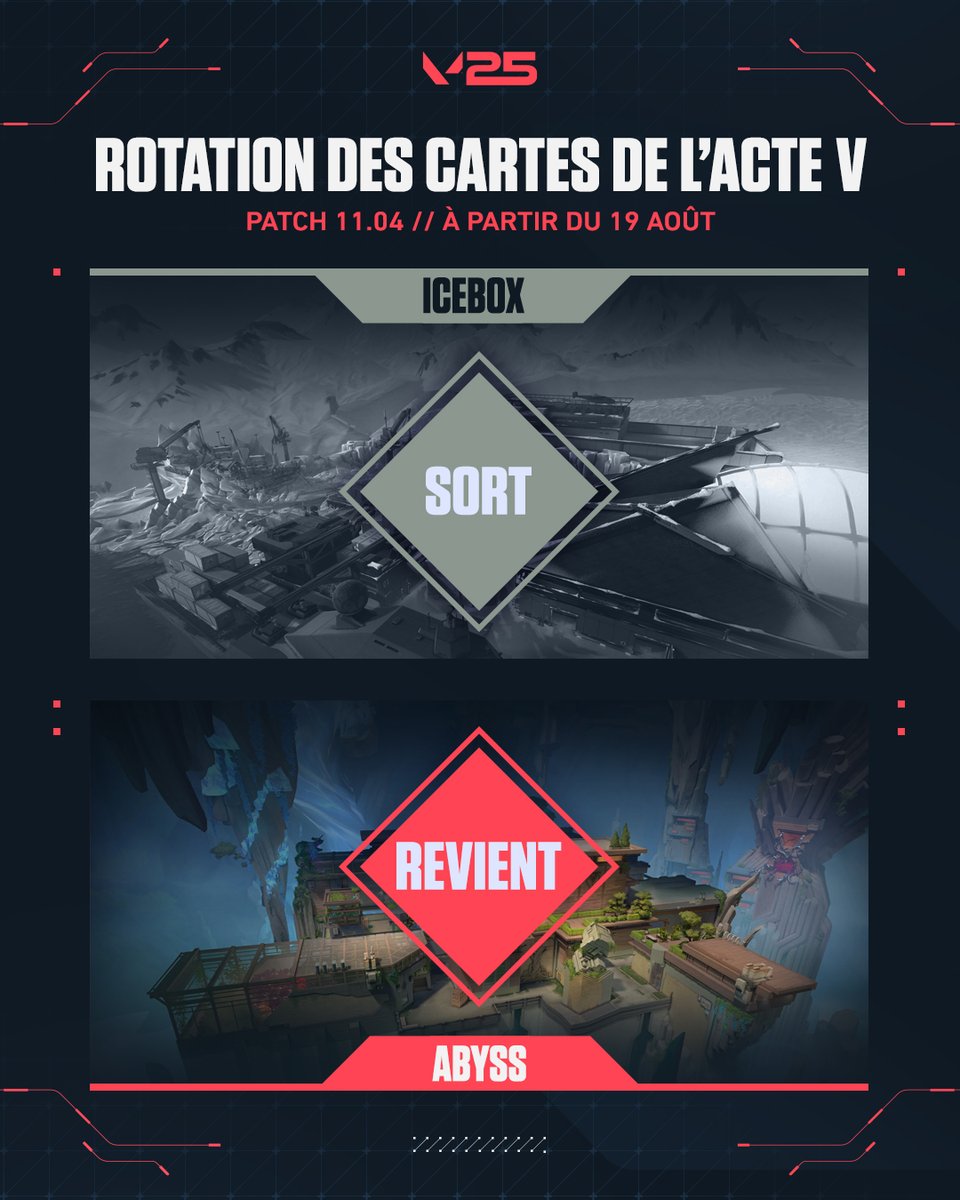VALORANTfr's tweet image. ROTATION DES CARTES EN COMPÉTITION DANS L'ACTE V
Icebox sort, Abyss revient