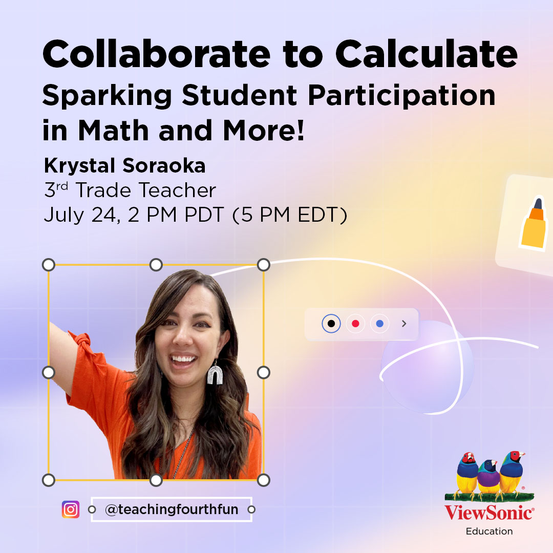 ViewSonicEDU_US's tweet image. twitter
Collaborate to Calculate is here! Join 3rd grade teacher Krystal Soraoka for our next myViewBoard 3.0 Pro Tips session and learn how to:

✔ Customize student backgrounds
✔ Give students personal response space
✔ Track and save student work

Register now:…