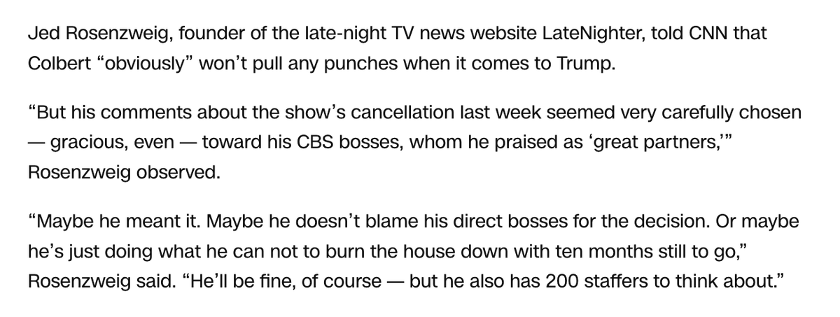 brianstelter's tweet image. Colbert will "be fine, of course — but he also has 200 staffers to think about," @latenightercom's Jed Rosenzweig points out cnn.com/2025/07/21/med…