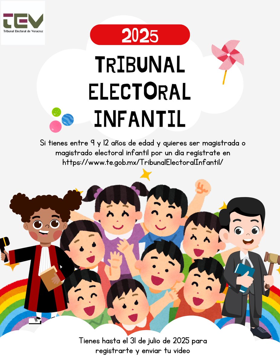 ¿Te gustaría representar al estado de #Veracruz como magistrada o magistrado electoral infantil? Consulta la convocatoria para la integración del Tribunal Electoral Infantil del <a href="/TEPJF_informa/">Tribunal Electoral del PJF</a>  y participa.

Tienes hasta el 31 de julio para registrarte 👉 te.gob.mx/TribunalElecto…