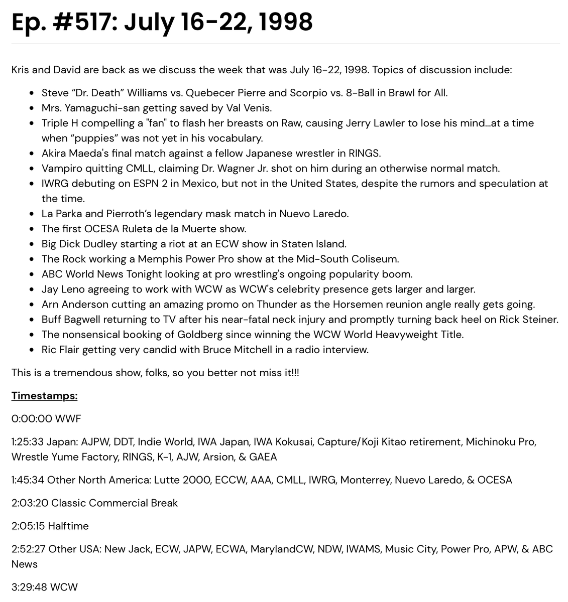 BTSheetsPod's tweet image. New @BTSheetsPod covering 1998! Insane ep. of Raw incl. PCO's glass eye in Brawl for All, 17 year old "Mrs. Yamaguchi-san," & the DX flasher, among other things, WCW squanders Buff Bagwell while he's still hurt, Bruce Mitchell interviews Ric Flair, & more. redcircle.com/shows/f0ecb959…