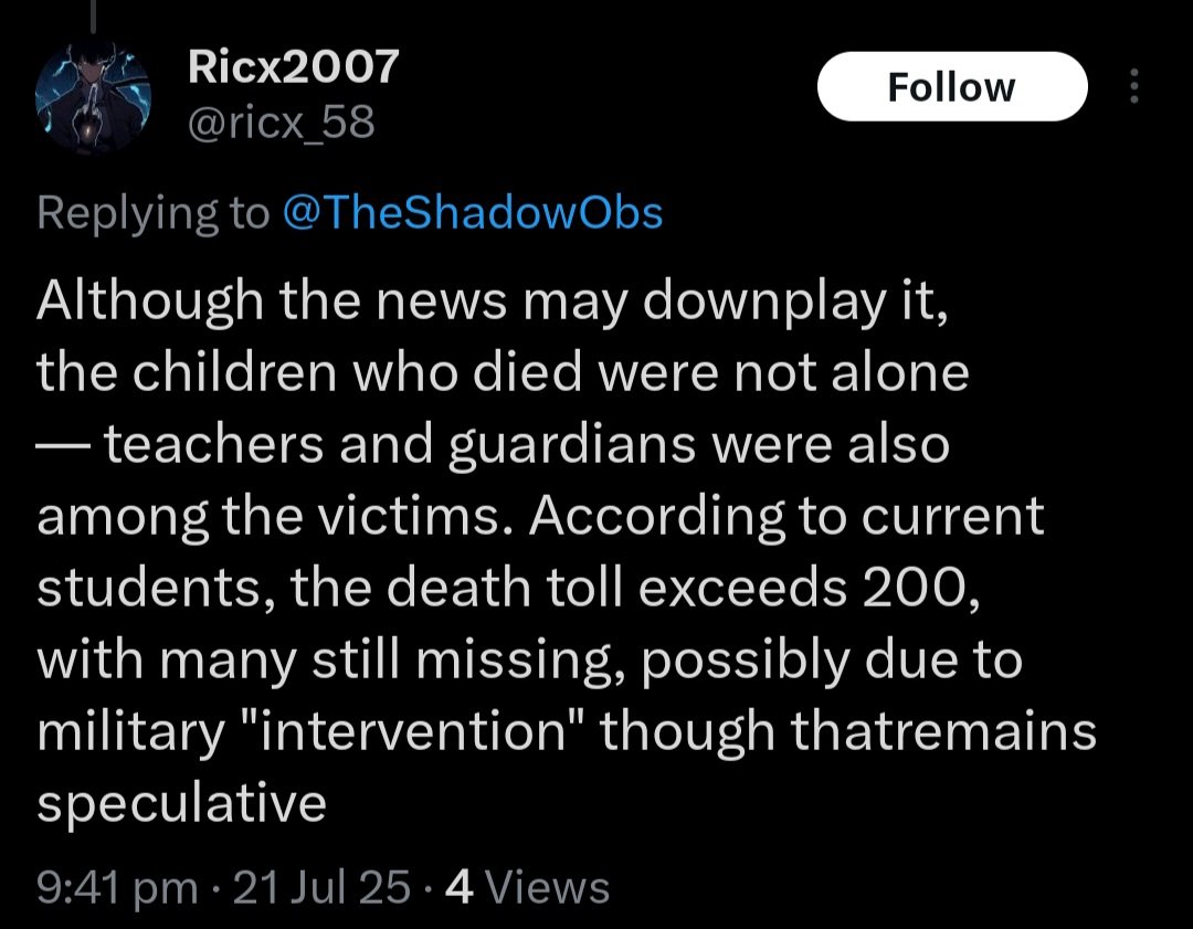 TheShadowObs's tweet image. 🇧🇩‼️ URGENT‼️
Can Anyone in Bangladesh Confirm This ⁉️
After posting about the tragic plane crash, I received this disturbing message alleging that the army is suppressing the real death toll, with claims that over 200 children, teachers, and guardians have died, and that…