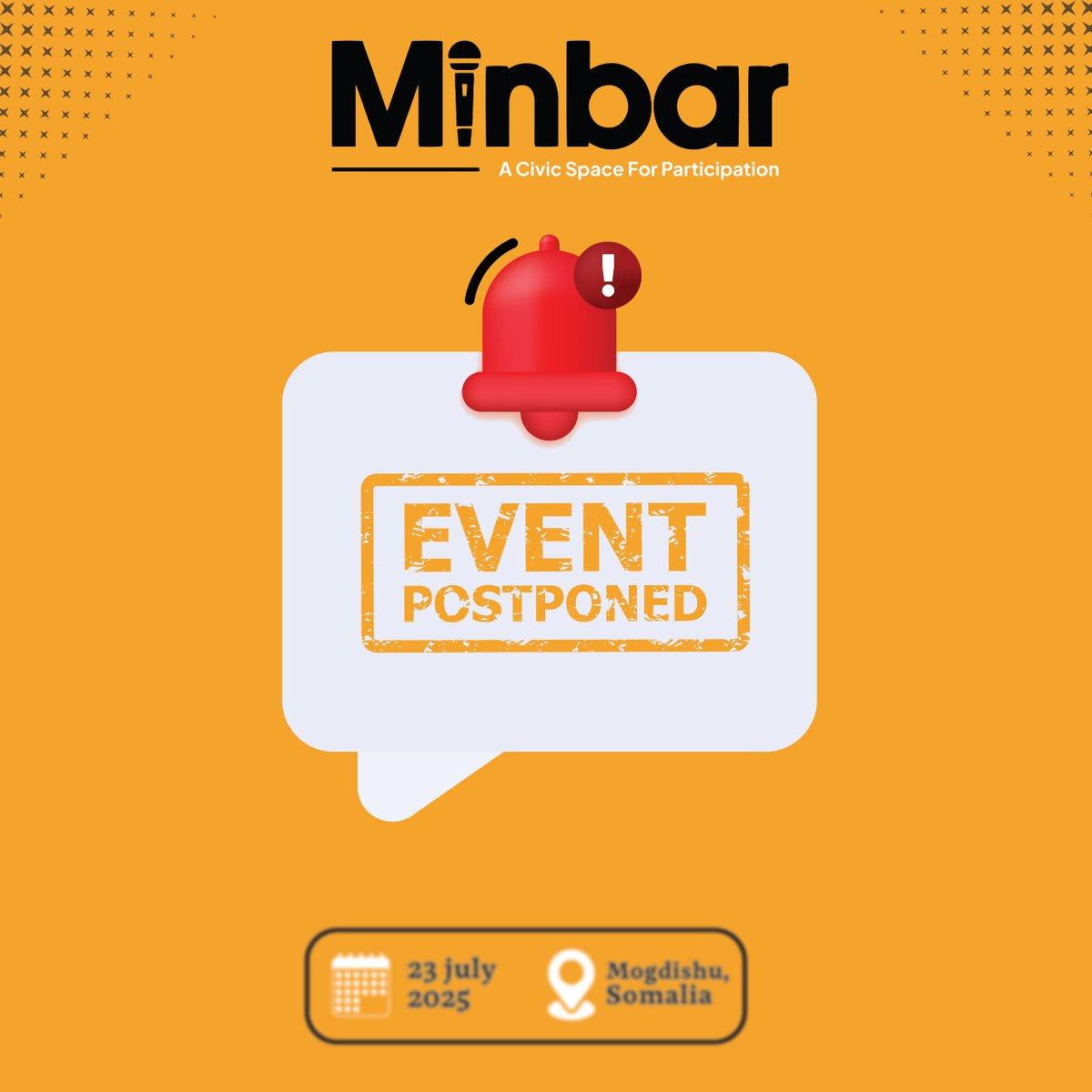 ❗️𝐈𝐦𝐩𝐨𝐫𝐭𝐚𝐧𝐭 𝐍𝐨𝐭𝐢𝐜𝐞❗️
Our Town Hall event on The State of Somalia’s EconomyPast &amp; Progress with Minister  Bihi Iimaan Cige has been postponed due to unavoidable circumstances.We will notify you of the new date as soon as it becomes available.

#MinbarTalks