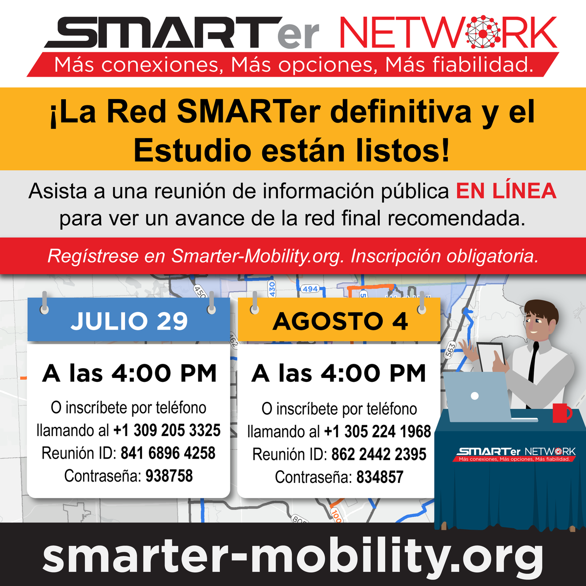 DetroitTransit's tweet image. The final SMARTer Network and Study is ready! @smart_movesus will be holding two information meetings online to preview the final recommendations.
Both sessions are at 4pm, on Tuesday, July 29th, and the other on Monday, August 4th. Register online at smarter-mobility.org/events