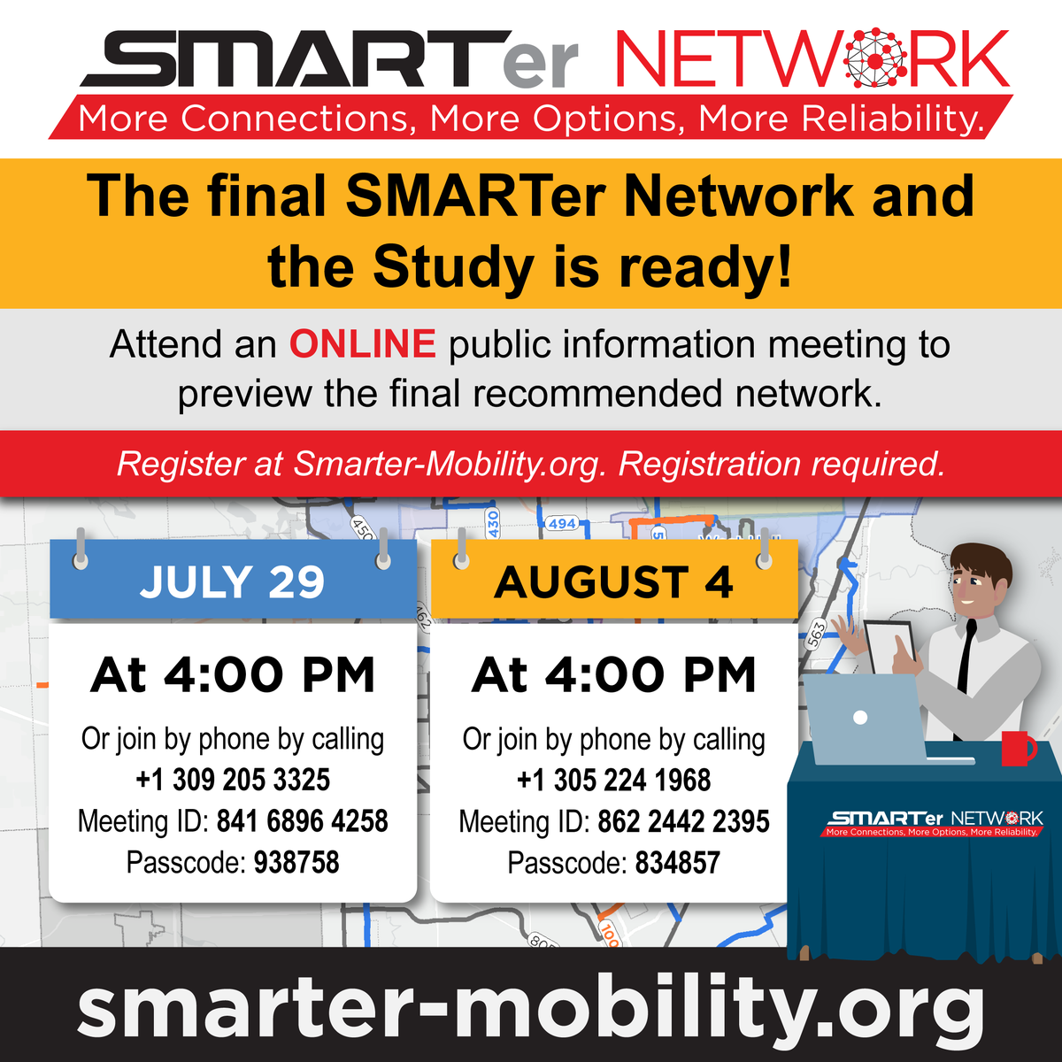 DetroitTransit's tweet image. The final SMARTer Network and Study is ready! @smart_movesus will be holding two information meetings online to preview the final recommendations.
Both sessions are at 4pm, on Tuesday, July 29th, and the other on Monday, August 4th. Register online at smarter-mobility.org/events