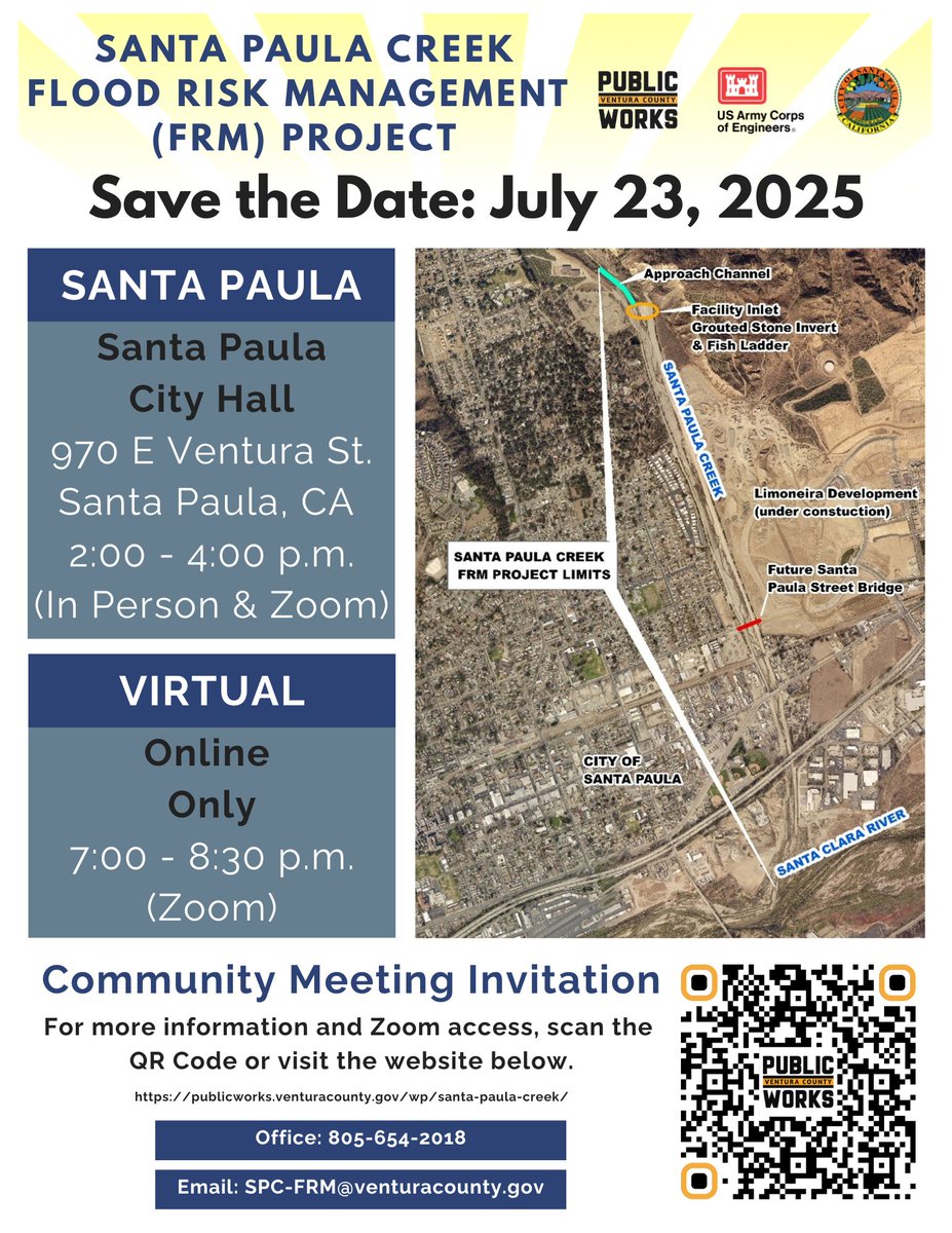 VCPublicWorks's tweet image. 📢REMINDER: Public Scoping Meetings for the Santa Paula Creek Project are happening THIS WEDNESDAY, July 23!🗓️
Help shape the future of flood risk management in Santa Paula. Translation services will be available at both meetings.
🔗 Join & learn more: publicworks.venturacounty.gov/wp/santa-paula…