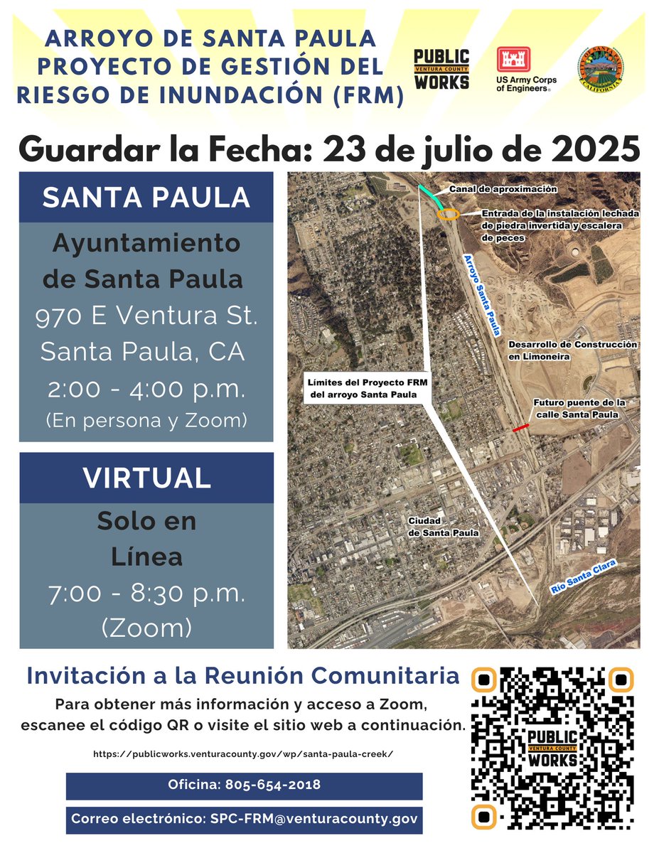 VCPublicWorks's tweet image. 📢REMINDER: Public Scoping Meetings for the Santa Paula Creek Project are happening THIS WEDNESDAY, July 23!🗓️
Help shape the future of flood risk management in Santa Paula. Translation services will be available at both meetings.
🔗 Join & learn more: publicworks.venturacounty.gov/wp/santa-paula…