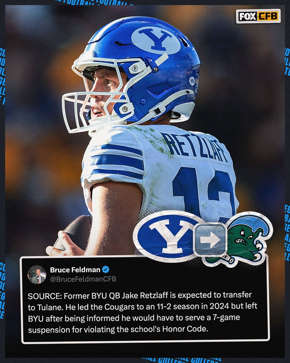 CFBONFOX's tweet image. Former BYU QB Jake Retzlaff is expected to transfer to Tulane, per @BruceFeldmanCFB