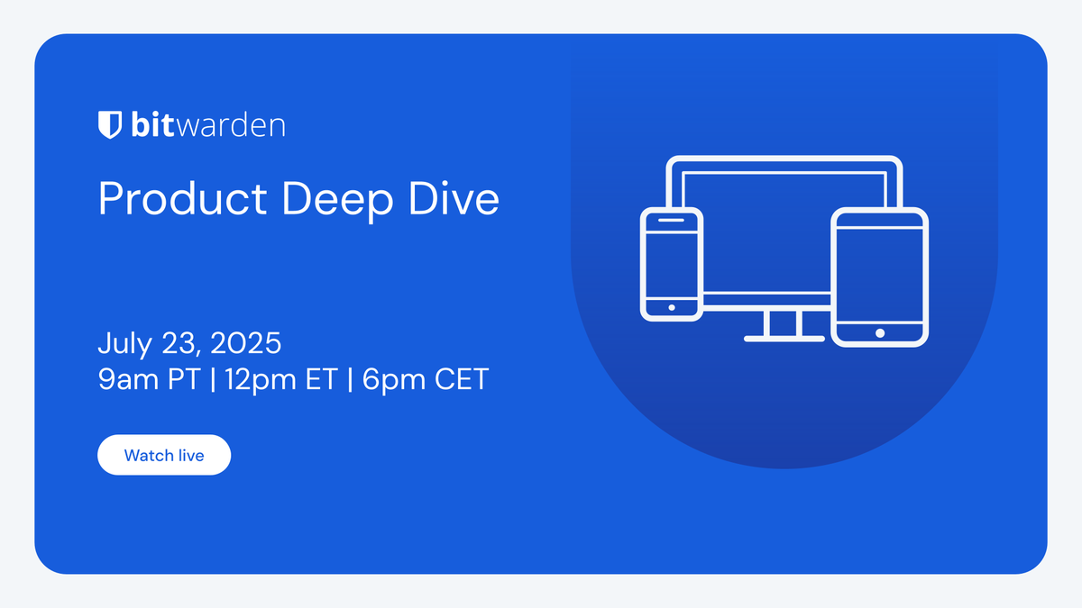 Bitwarden's tweet image. Got #passwordmanagement questions? Join the product deep dive this Wednesday for a walkthrough of how to use Bitwarden Password Manager and engage in a live Q&A with Bitwarden experts: btwrdn.com/44OlQNe