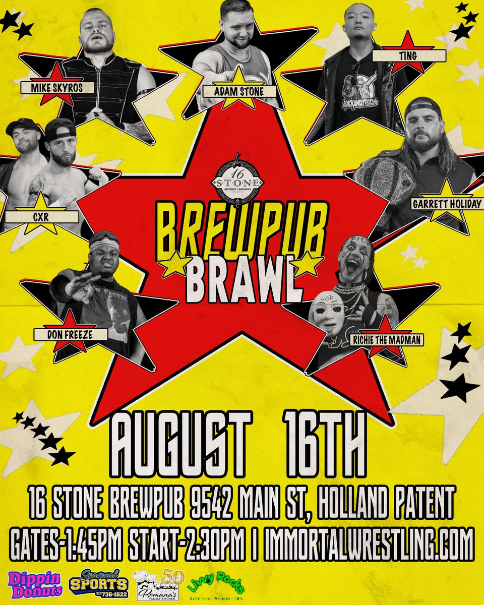 ImmortalCW's tweet image. In case you didn&apos;t already know #FuryAtTheFairgrounds won&apos;t be the only #ICW event in August as Immortal comes to the Holland Patent Block Party on August 16th with #BrewpubBrawl at 16 Stone Brewpub! Tickets available now at a.purplepass.com/stone