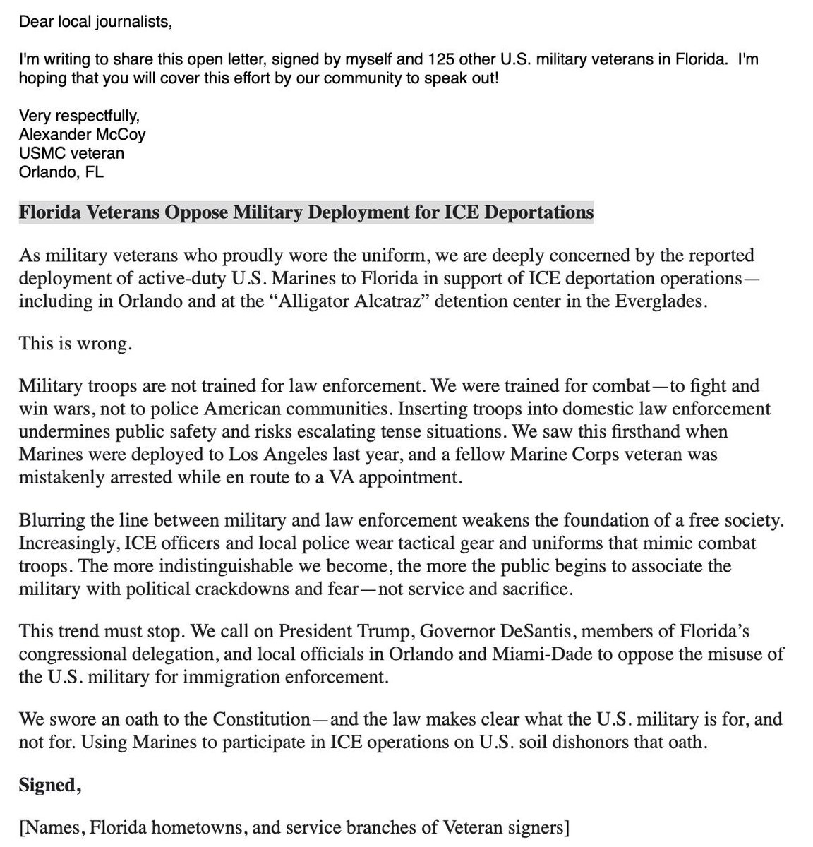 Rep. Anna V. Eskamani, PhD 🔨 (@annaforflorida) on Twitter photo Proud to amplify this letter signed by 125+ veterans in Florida in opposition to deployment of Marines for ICE operations in Florida. As <a href="/AlexanderMcCoy4/">Alexander McCoy</a> writes: "Inserting troops into domestic law enforcement undermines public safety and risks escalating tense situations." 1/2 Proud to amplify this letter signed by 125+ veterans in Florida in opposition to deployment of Marines for ICE operations in Florida. As <a href="/AlexanderMcCoy4/">Alexander McCoy</a> writes: "Inserting troops into domestic law enforcement undermines public safety and risks escalating tense situations." 1/2