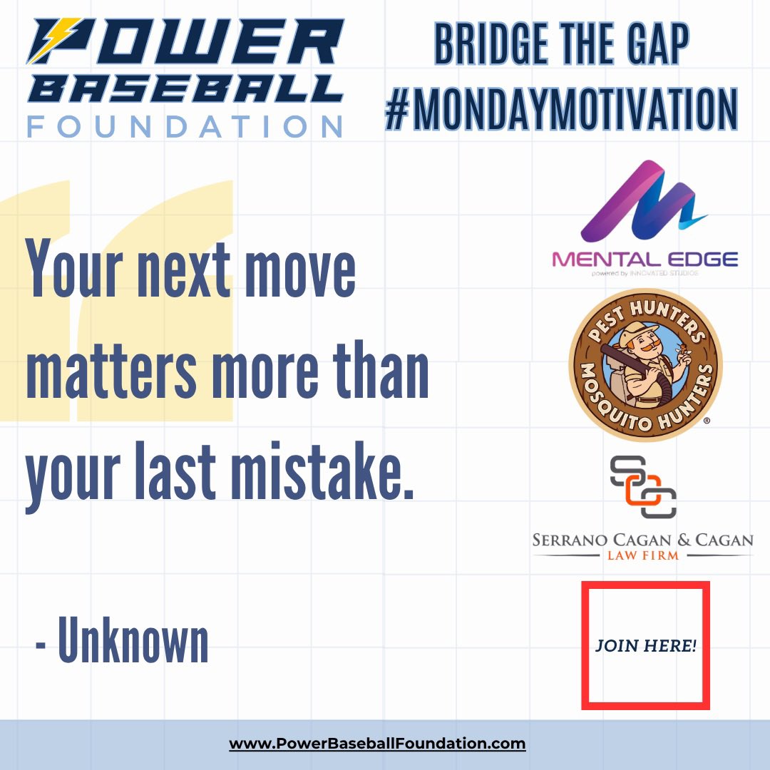 #MondayMotivation 💪🏻

Your next move &gt; your last mistake.

Everyone slips. Champions reset fast.
1️⃣ Own it
2️⃣ Learn from it
3️⃣ Move forward

What you do next is what defines you.

#NextPlayMindset #GrowthOverPerfection #PowerBaseballFoundation #KeepPushing