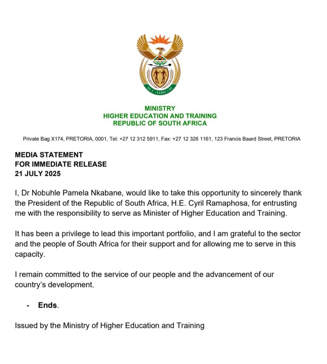 InsideOutNews_'s tweet image. BREAKING NEWS: Dr. Nobuhle Nkabane has stepped down as Minister of Higher Education.