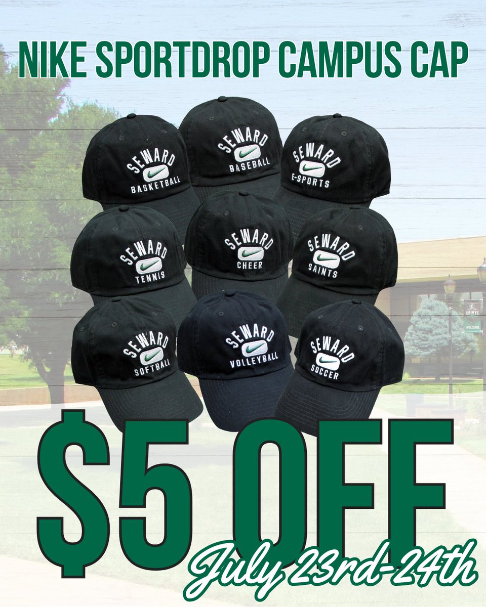 Save this Wear Green Wednesday with a SALE to celebrate SCCC Athletics! All Nike Sportdrop Campus Caps are $5 OFF in store and online July 23rd &amp; 24th! Not looking for a specific sport? We have a Sportdrop cap that drops "Saints" where the others have teams. 💚🧢 <a href="/SCCCLiberalKS/">Seward County Community College</a>