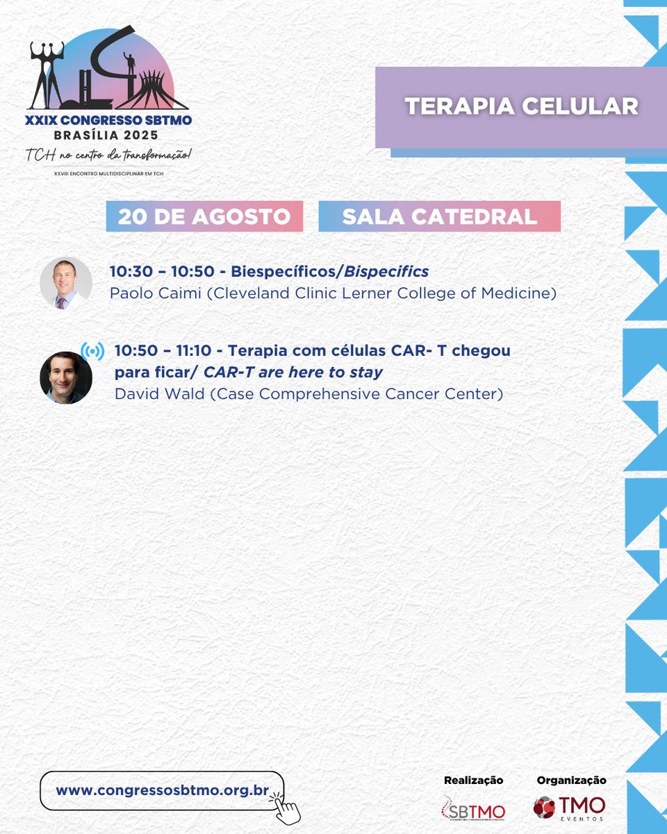 SBTMO's tweet image. O Congresso #SBTMO2025 reunirá alguns dos principais nomes da Terapia Celular no Brasil e no mundo para discutir o presente e o futuro das tecnologias celulares avançadas
Confira a programação completa: congressosbtmo.org.br
#TerapiaCelular #CART #BiEspecíficos #TMOJuntos