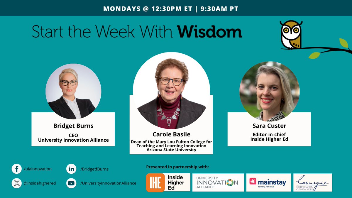 University Innovation Alliance (UIA) (@uiainnovation) on Twitter photo 🔥 Starting in 15 Minutes 🔥
<a href="/ASU/">Arizona State University</a>’s Dr. Carole Basile joins <a href="/sarakcuster/">Sara Custer</a> (<a href="/insidehighered/">Inside Higher Ed</a>) and our CEO, <a href="/BBurnsEDU/">Dr. Bridget Burns</a> to explore how rethinking education as workforce design is transforming schools.
📅 Monday at 9:30amPT / 12:30pmET
Sponsored by <a href="/hey_mainstay/">Mainstay</a> & <a href="/CarnegieCorp/">Carnegie Corporation of New York</a> 🔥 Starting in 15 Minutes 🔥
<a href="/ASU/">Arizona State University</a>’s Dr. Carole Basile joins <a href="/sarakcuster/">Sara Custer</a> (<a href="/insidehighered/">Inside Higher Ed</a>) and our CEO, <a href="/BBurnsEDU/">Dr. Bridget Burns</a> to explore how rethinking education as workforce design is transforming schools.
📅 Monday at 9:30amPT / 12:30pmET
Sponsored by <a href="/hey_mainstay/">Mainstay</a> & <a href="/CarnegieCorp/">Carnegie Corporation of New York</a>