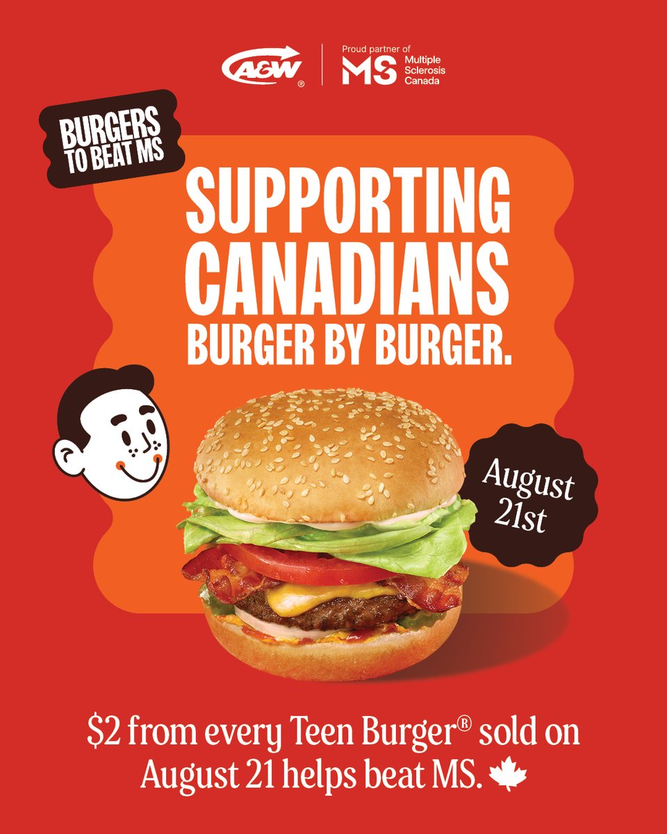 MSCanOfficial's tweet image. #BurgersToBeatMS is back! 🍔 On August 21, $2 from every @awcanada Teen Burger® sold across the country will support Canadians affected by #MS. 

Canada has one of the highest rates of MS in the world. Your support truly matters! Learn more: bit.ly/3ICmRR8
