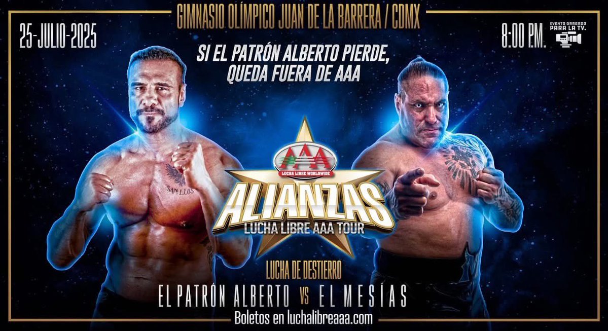 luchalibreaaa's tweet image. ¡Lucha de destierro! 😱
¿Quién ganará? 💥
🗓️ 25 de Julio. | ⌚ 8:00 PM.
📍 Gimnasio Olímpico Juan de la Barrera, CDMX.
🎟️ Boletos en nuestro sitio.
#AlianzasAAA 💫