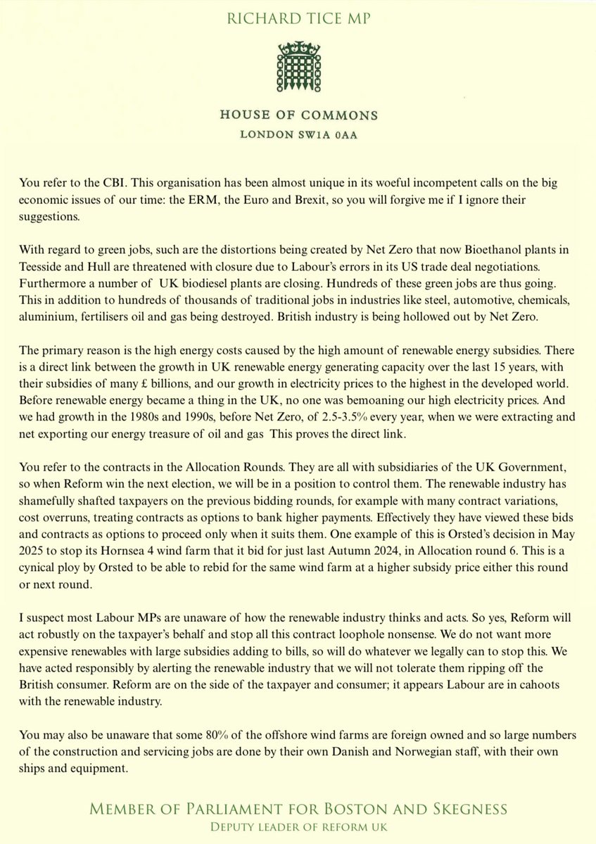TiceRichard's tweet image. My reply to Polly Billington MP & others on Net Zero and renewables.
We at Reform will protect the interest of taxpayers & consumers, not align like Labour with the vested interests of the renewable industry and their fat subsidies.
